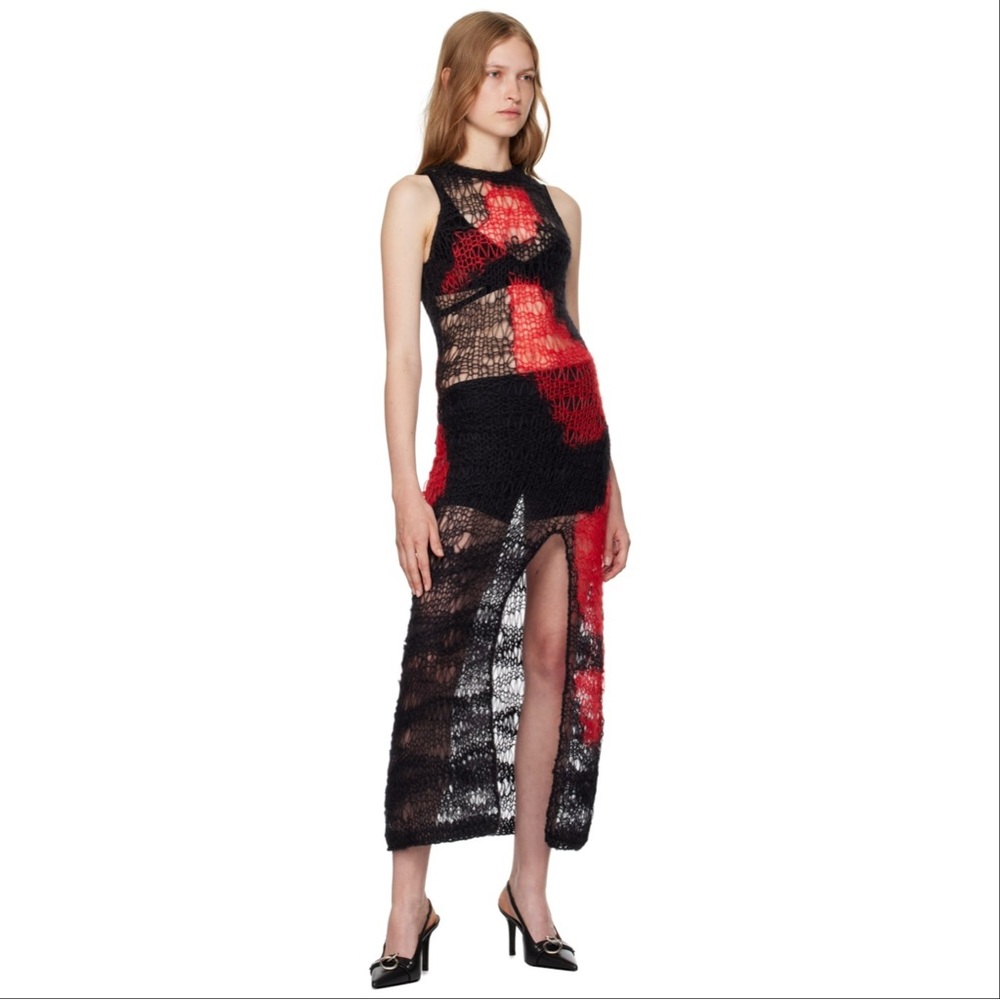 Misbhv Antwerp Dress Size M Black Red Mohair Silk Blend Sheer Open Knit Slit NWT